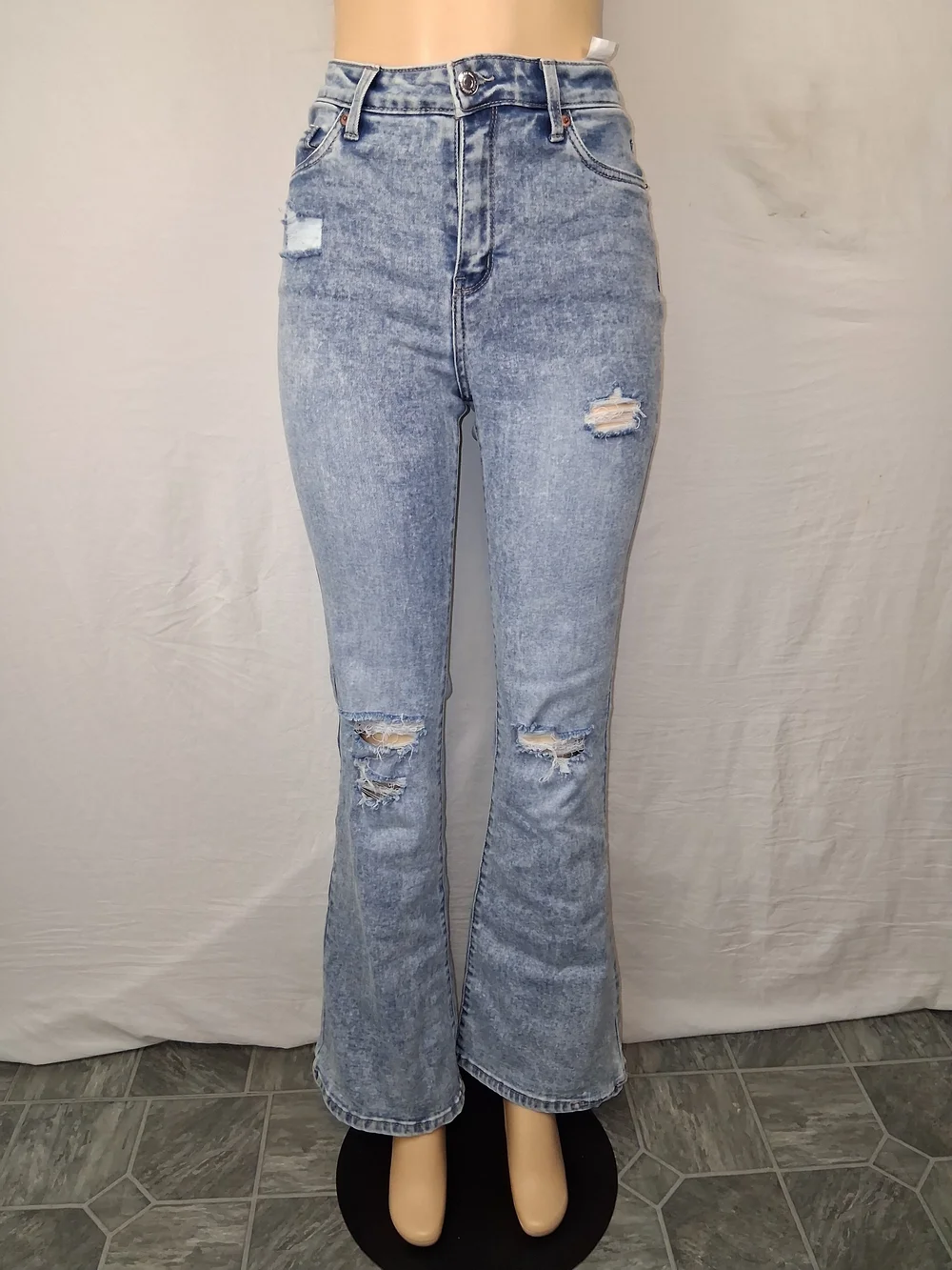 refuge Denim Austin Light Blue Distressed High-Rise Flare Jeans